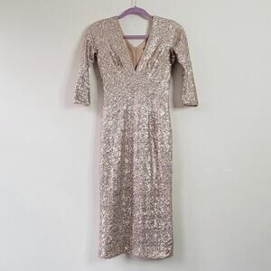 Dress the Population Gold Silver All Over Sequin V-Neck Elbow Sleeve Dress Small
